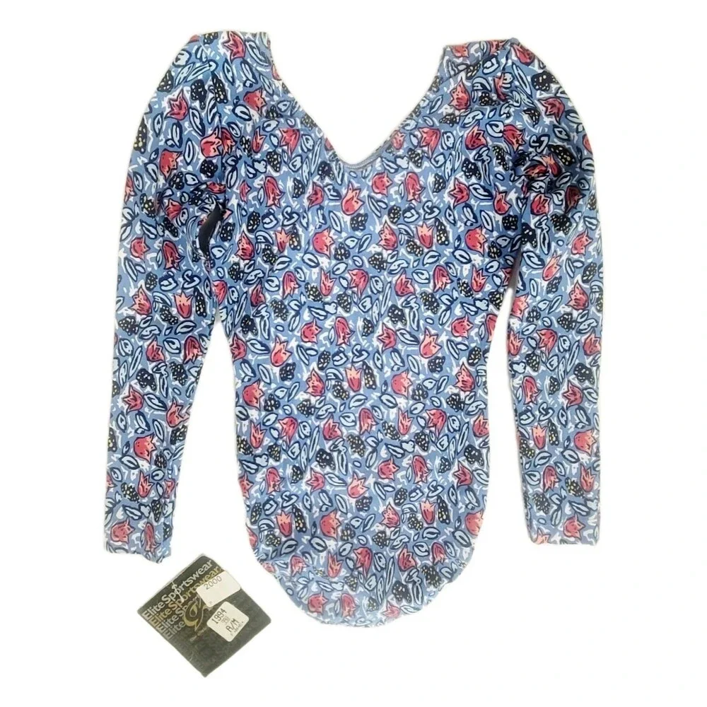 GK Elite VTG Tulip Garden LS Cotton Leotard Bodysuit 3/4 Sleeve Blue AM Adult M - Picture 6 of 13